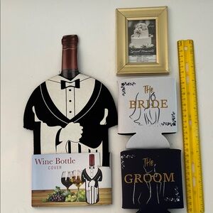 Wine Bottle Cover & reversible bride n groom coozies plus picture frame